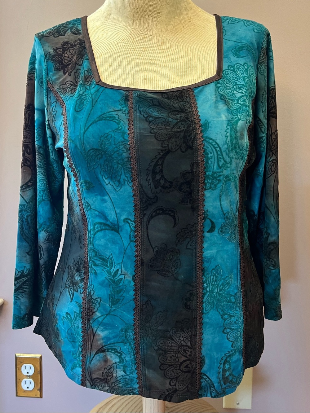 Y2K Fairycore Renaissance Blue & Brown Floral Velvet Corset Square Neck Top L